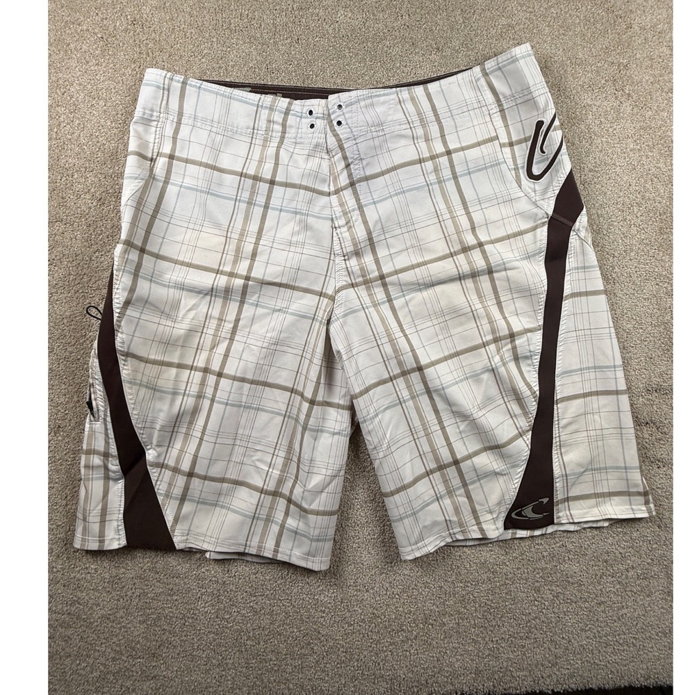 O'Neill Superfreak Mens Board Shorts Size 36 White Brown Plaid Swim Trunks